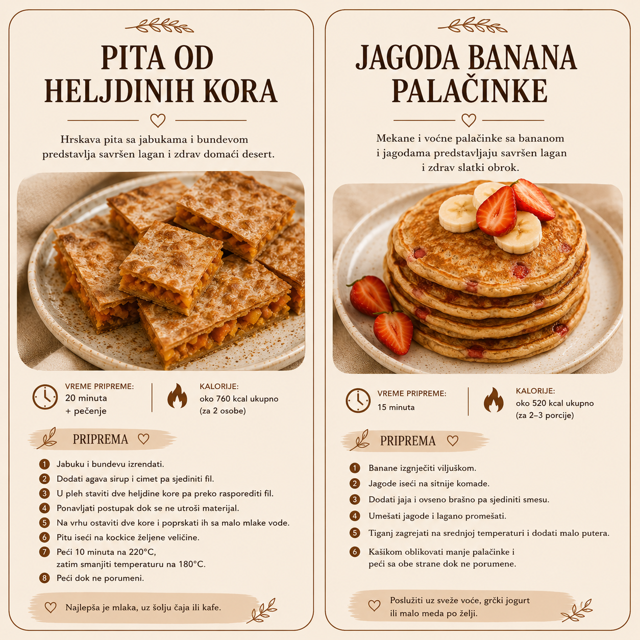 Stranica iz knjige sa receptima za pitu od heljdinih kora i palačinke sa jagodom i bananom