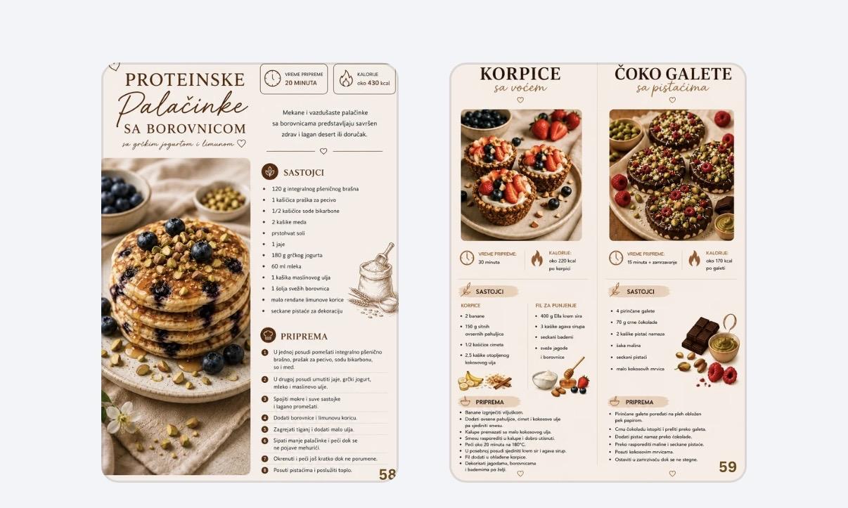 Stranice 58 i 59 iz knjige, recepti za proteinske palačinke sa borovnicom, korpice sa voćem i čoko galete sa pistaćima